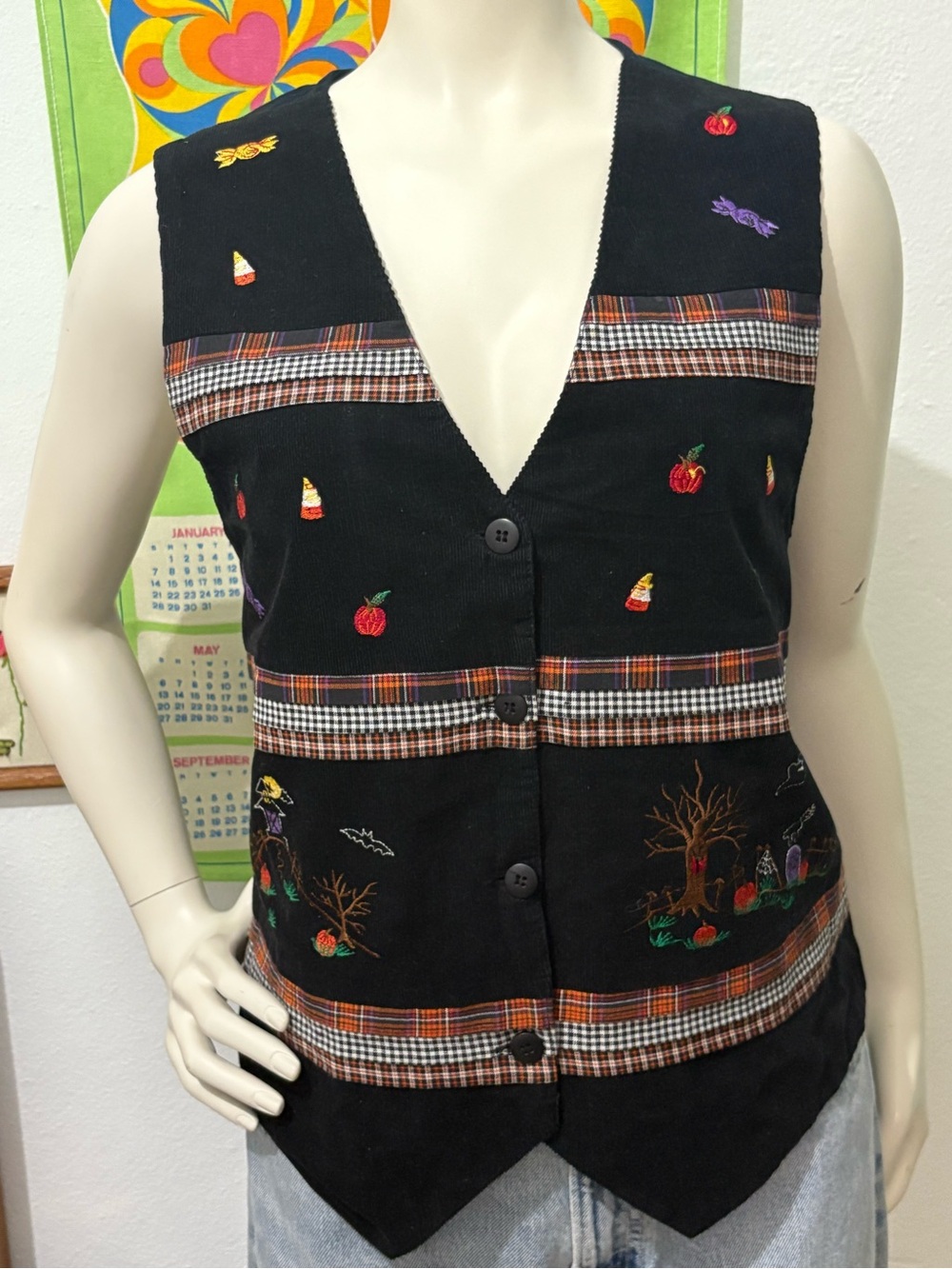Vintage Black Embroidered Halloween Theme Button Down Corduroy Cotton Vest